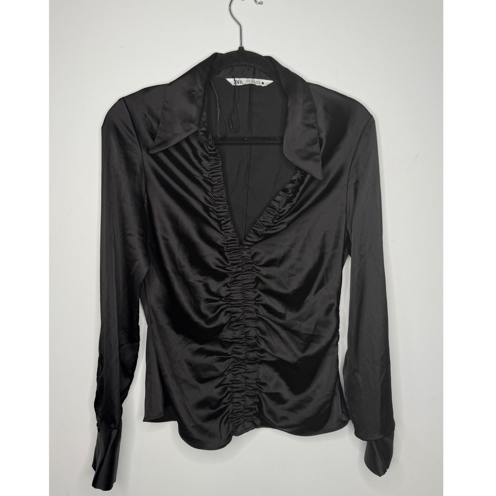 Zara Womens Black Satin Ruched Front Blouse Long Sleeve V-Neck Top Size Medium